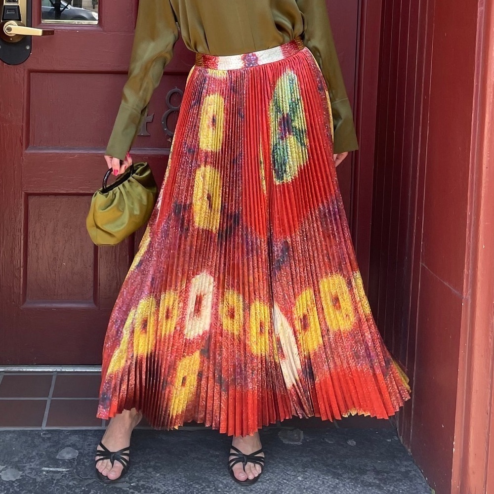 NWT Ulla Johnson Rami Satin Pleated Accordion A Line Midi Maxi Skirt Sunsprite